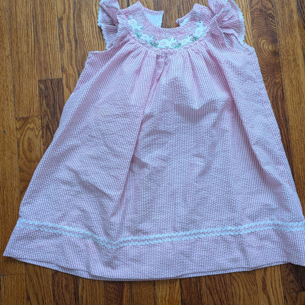 Lil Cactus Pink And White Seersucker Dress With Bunny Embroidery